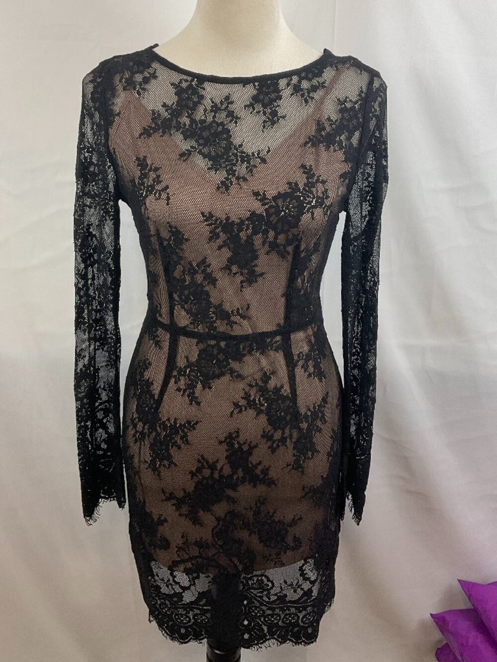 TJD Lace Dress S Black Lace Layer Nude Slip Long Sleeve New NWT